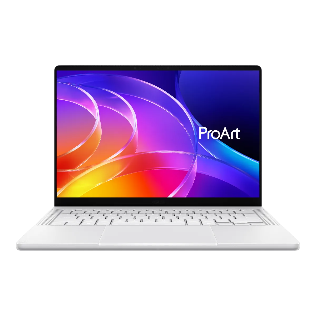 ASUS ProArt P14 H7407, open with a light-coloured keyboard and ProArt screen artwork