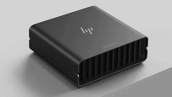 HP OmniDesk with RTX Spark, dark compact desktop shown from the front and above